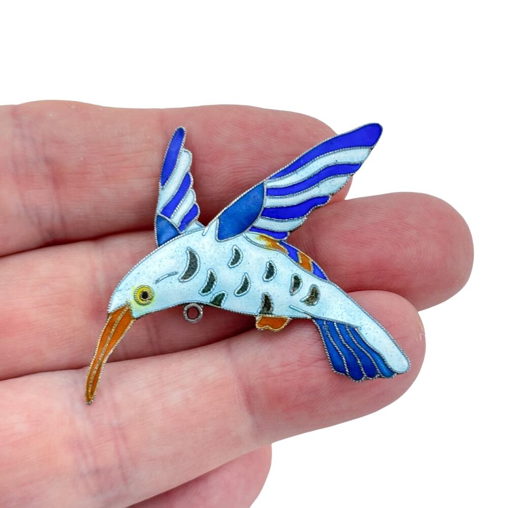 Vintage Sterling Silver 925 Hummingbird Enamel Brooch